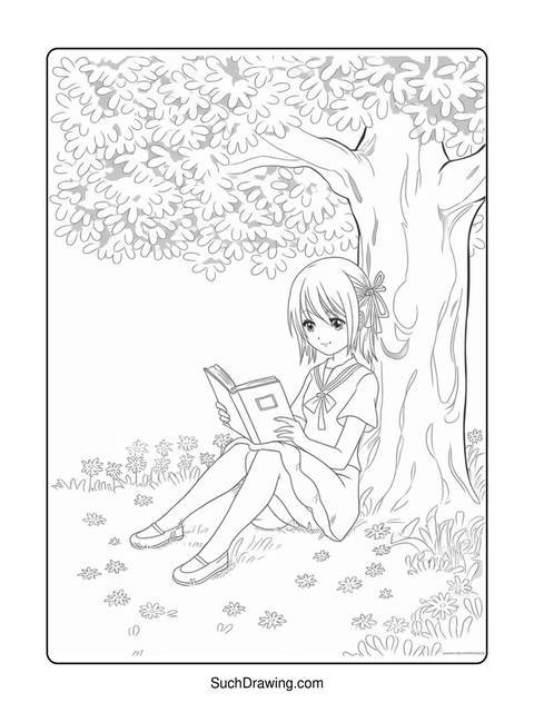 Anime girl reading a book under a tree, surrounded by flowers