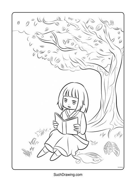 Line art of a girl reading a book under a tree