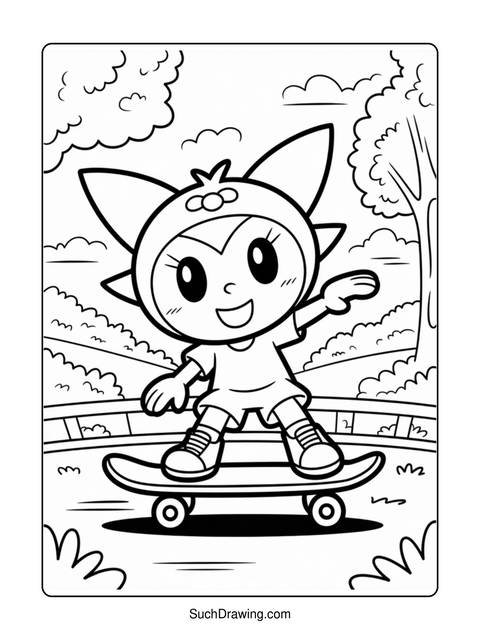 Black and white coloring page of a cartoon character riding a skateboard