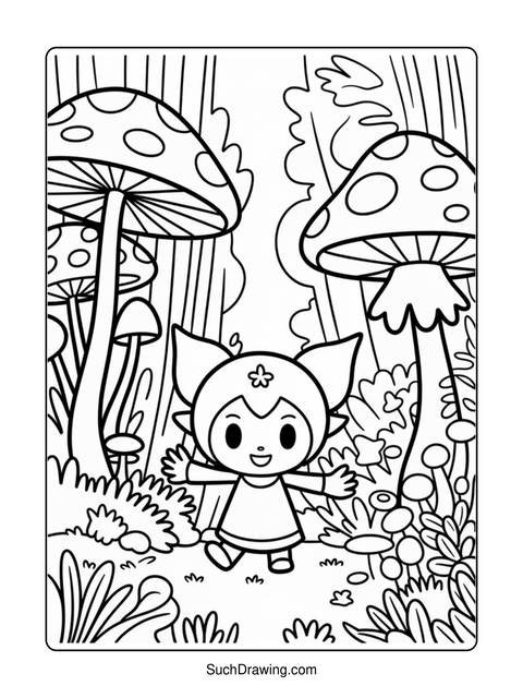 A coloring page of a fairy character in a forest with large mushrooms