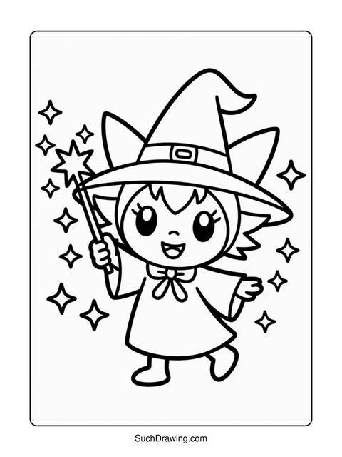 Line art of a witch with a wand and stars for a coloring page