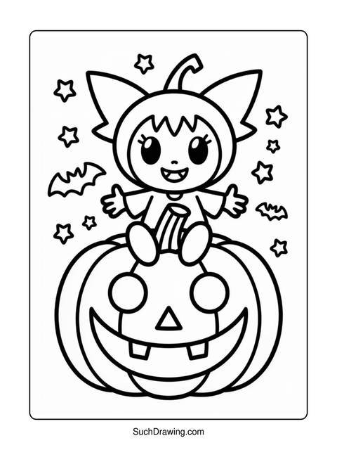 A halloween coloring page featuring a character in a pumpkin costume