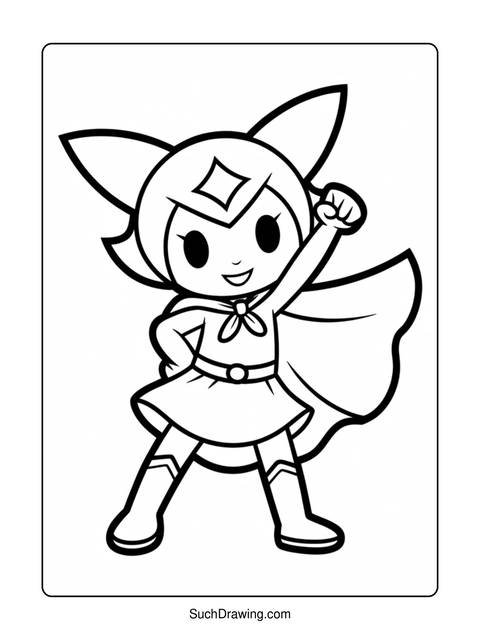 Black and white coloring page of a cute superhero girl with a cape