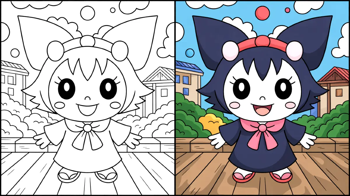 Kuromi coloring page, featuring the character in black and white and colored versions