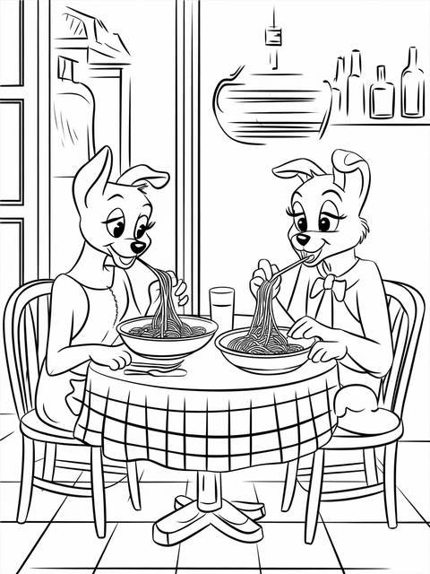 Lady and tramp coloring page: two dogs sharing spaghetti at a table