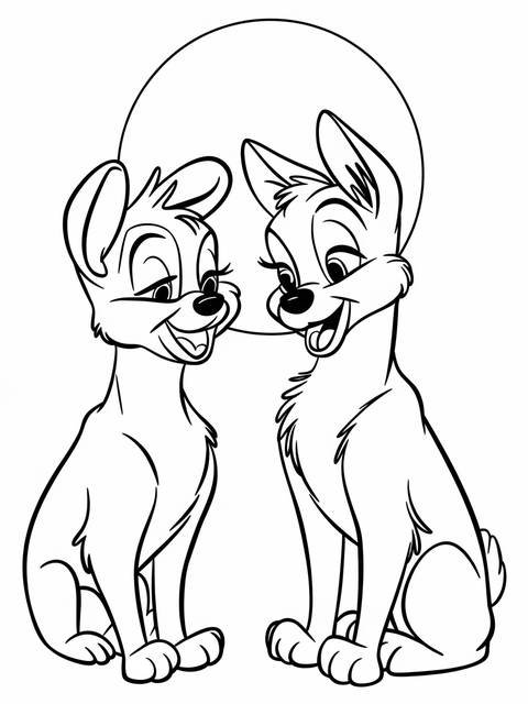 Lady and tramp coloring page, a romantic moonlit scene of two dogs