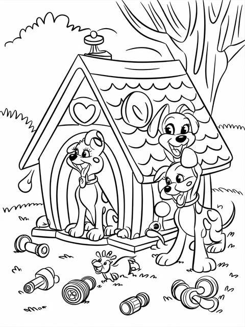 A whimsical doghouse with several dogs, reminiscent of lady and the tramp
