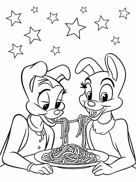 Lady and tramp-inspired rabbits sharing spaghetti, a coloring page with stars