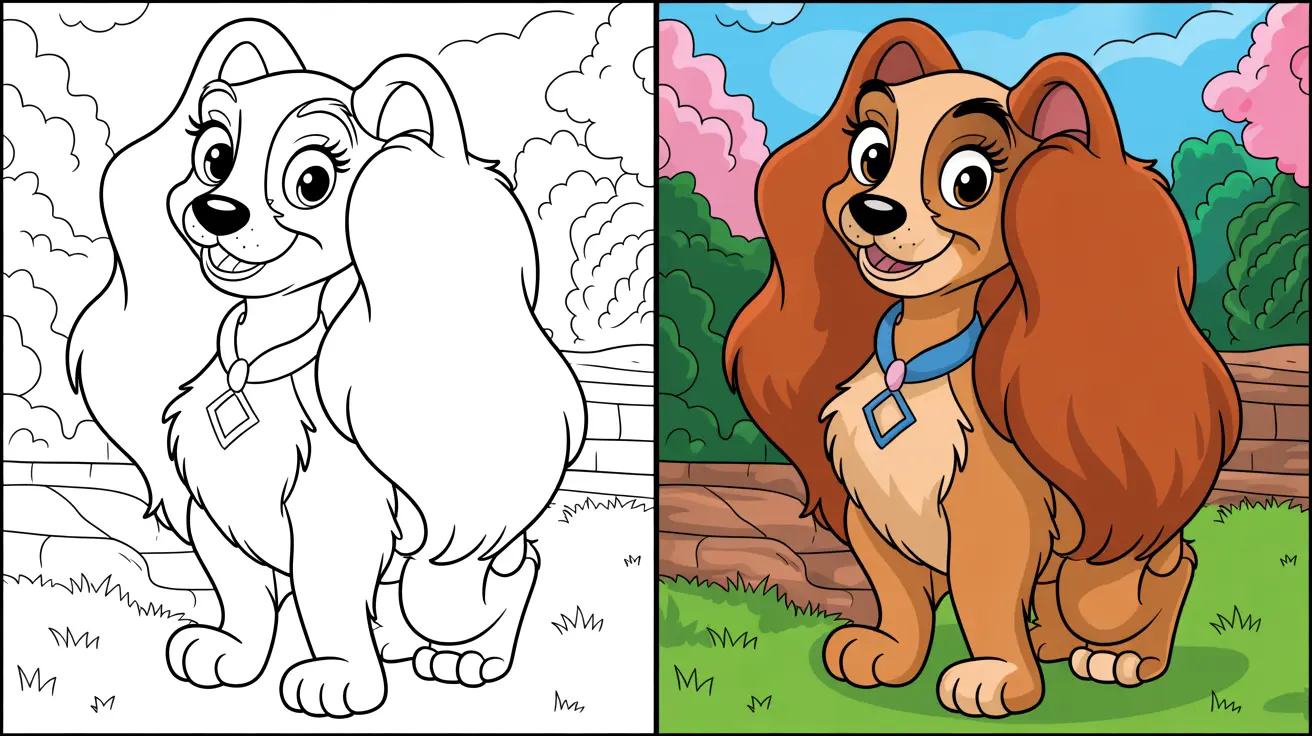Coloring page and colored image of lady from lady and the tramp, smiling