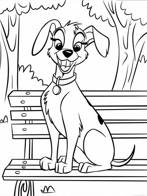 Line art of lady from lady and the tramp sitting elegantly on a bench
