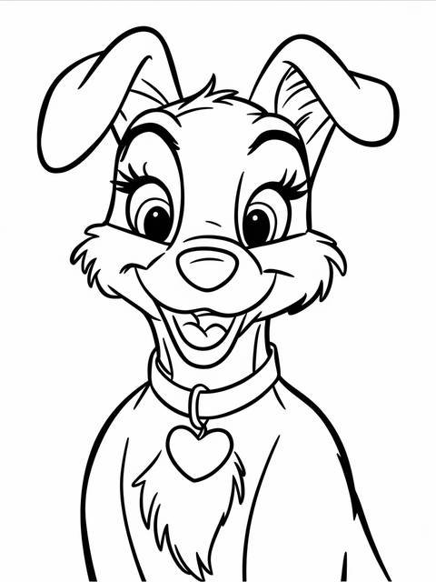Line art of lady from lady and the tramp, wearing a heart-shaped tag