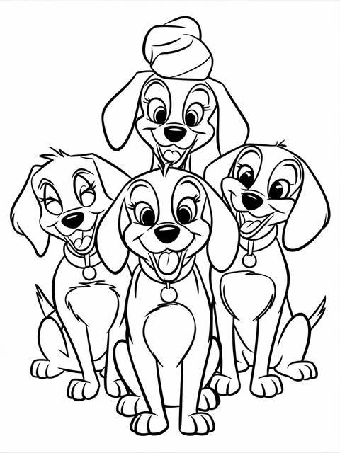 Lady and the tramp coloring page featuring four happy beagle dogs