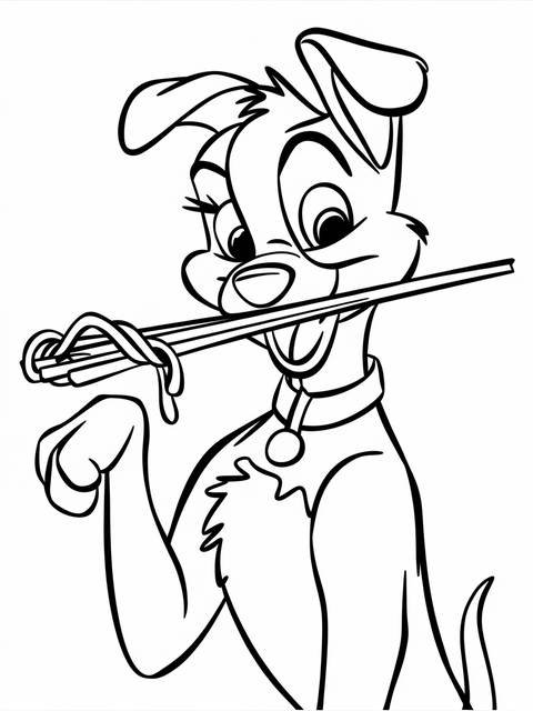 Line art of tramp from lady and the tramp playfully holding spaghetti