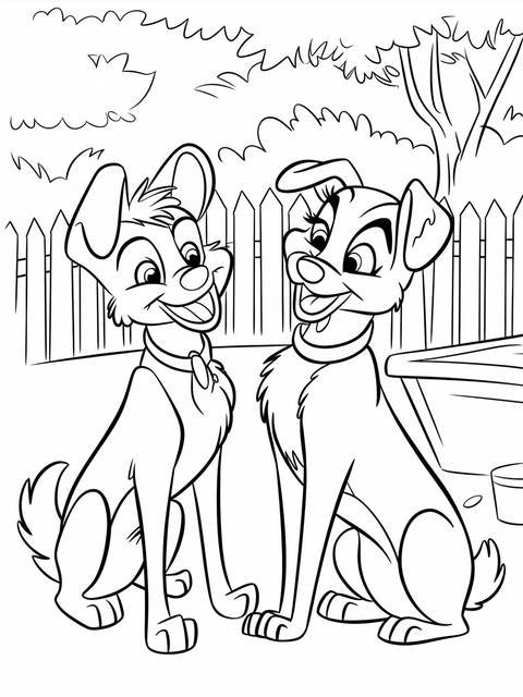 Line art of trusty and jock from lady and the tramp, sitting together