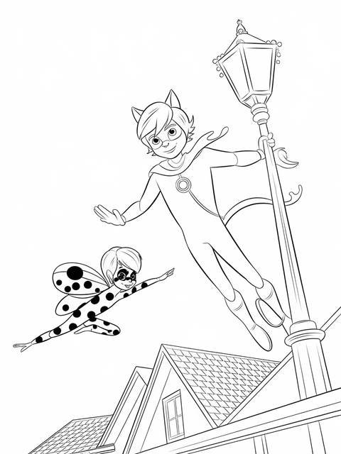 Ladybug and cat noir, swinging near a building, from the cover of a coloring page