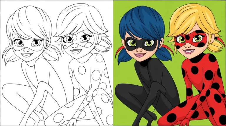 Ladybug and cat noir coloring page, featuring the superheroes in costume