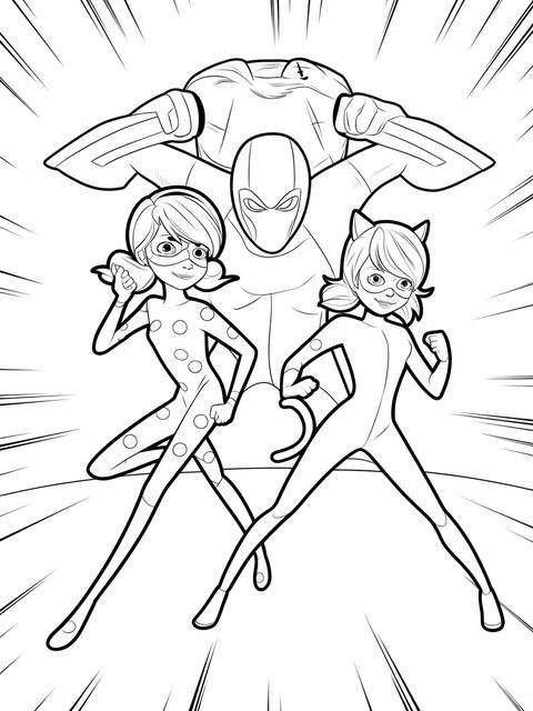 Ladybug and cat noir, from the show, pose with a masked figure in a coloring page