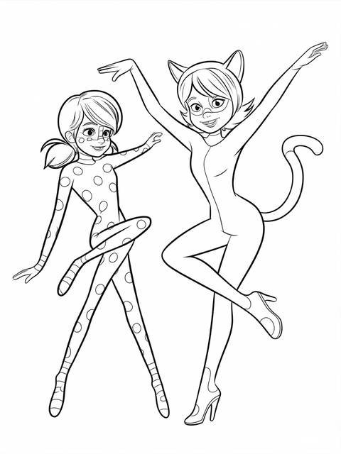 Ladybug and cat noir from the show, posing in a dynamic, dancing-like illustration