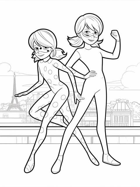 Line art of ladybug and cat noir from miraculous, standing in front of paris