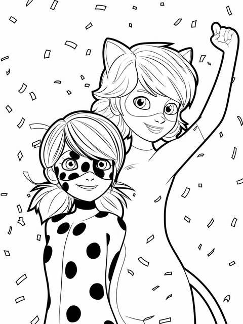 Ladybug and cat noir coloring page, featuring the superhero duo in action