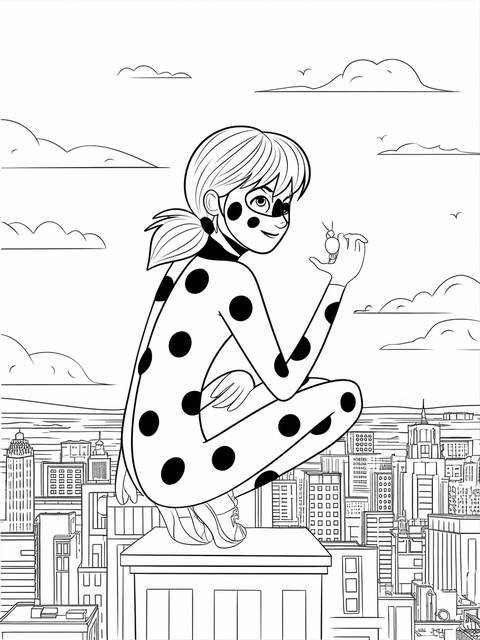 Ladybug from ladybug and cat noir perched on a rooftop, holding a small object