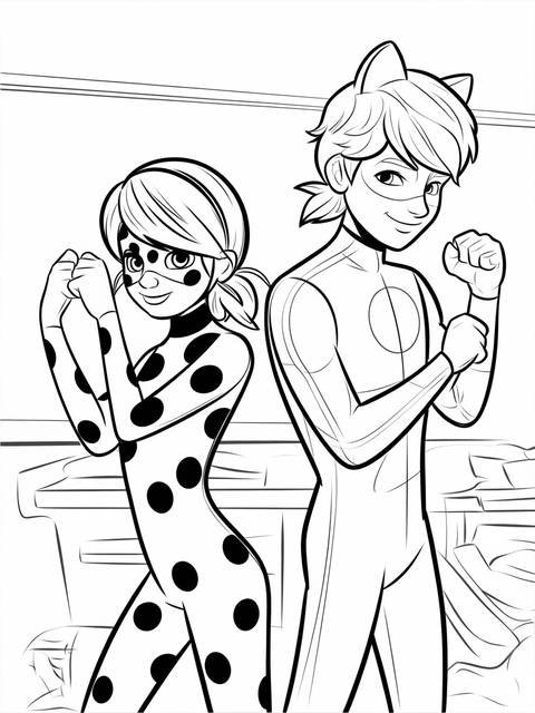Ladybug and cat noir, the duo from the cover, posing heroically in a coloring page
