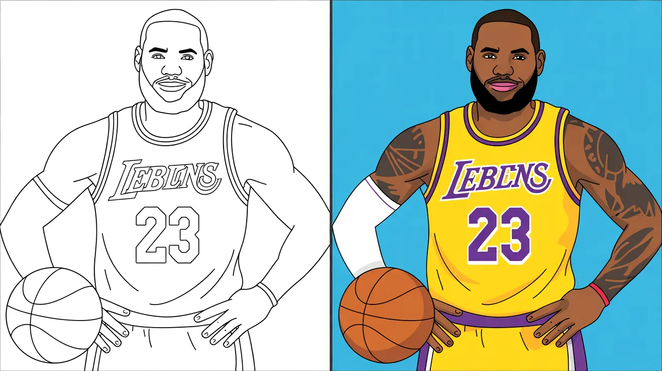Lebron james coloring page: a two-panel illustration of the basketball player