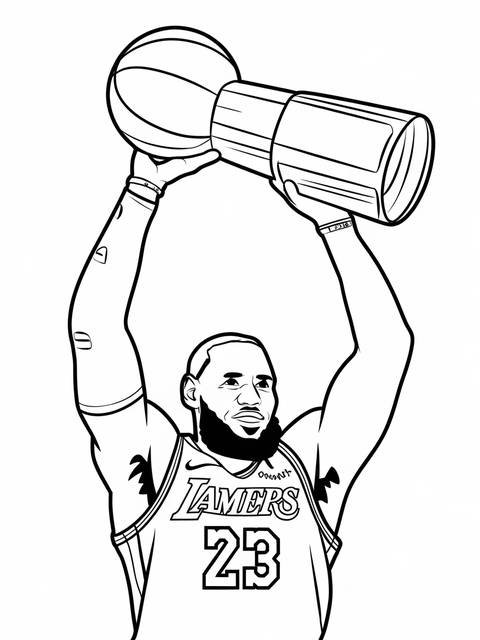 Lebron james celebrating with a basketball and a trophy, lakers jersey