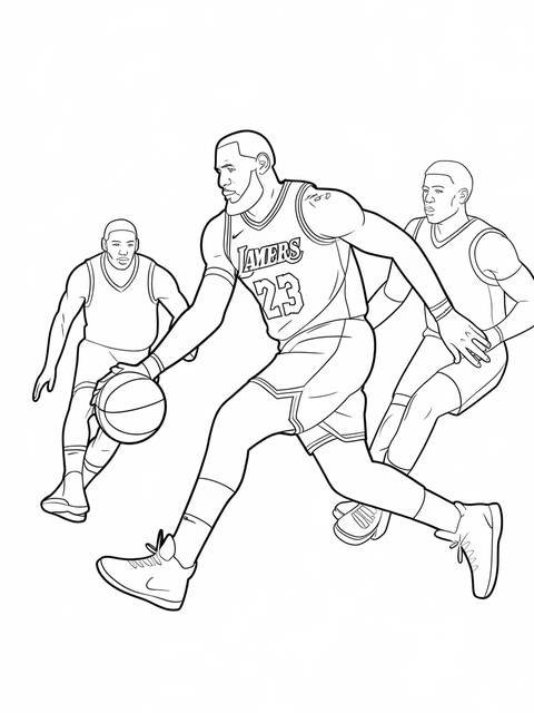Line art of lebron james dribbling a basketball with two other players