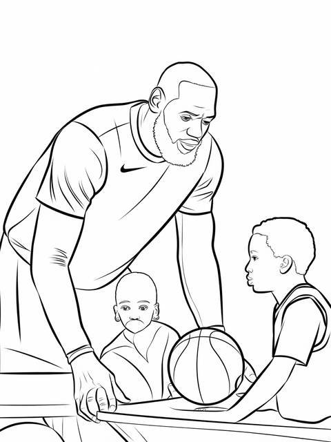 Lebron james mentoring young basketball players, holding a basketball, black and white