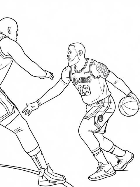 Lebron james, wearing lakers jersey, dribbling a basketball while passing to teammate