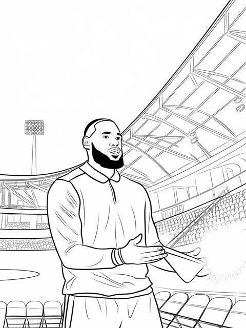 Line drawing of lebron james in a stadium setting, possibly performing