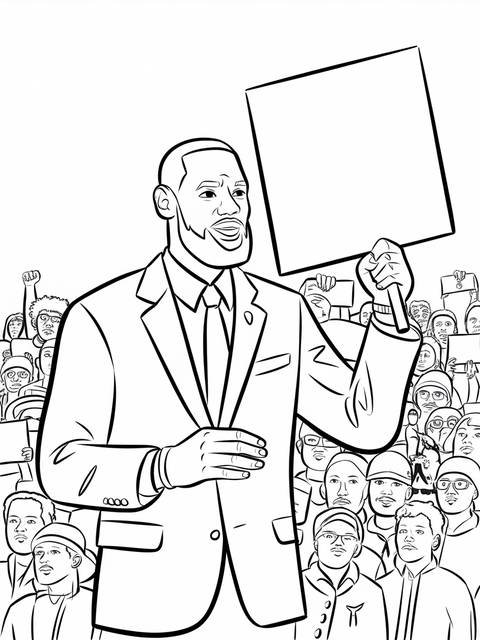 Lebron james holding a sign, representing in a crowd of people, black and white