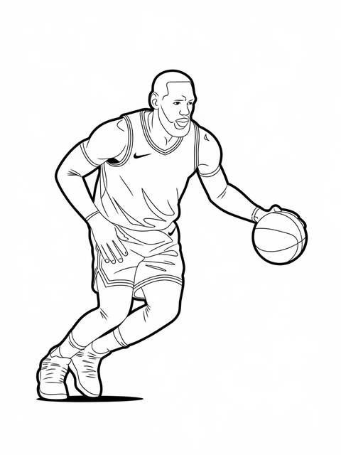 Line drawing of lebron james dribbling a basketball on a white background