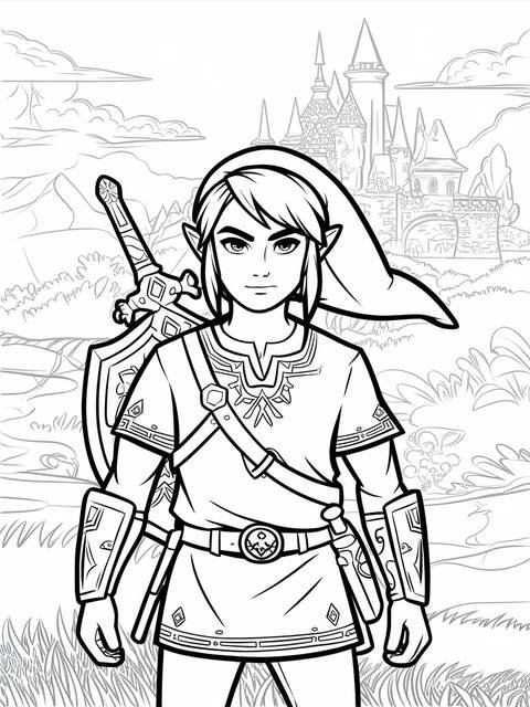 Line art of link, the heroic protagonist from the legend of zelda, with a sword