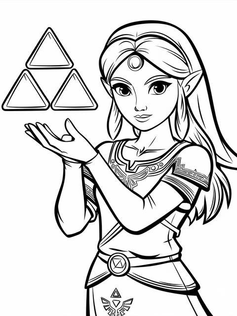 Princess zelda from legend of zelda, holding triangles, a coloring page illustration