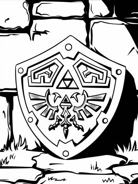 Black and white line art of the hylian shield from the legend of zelda