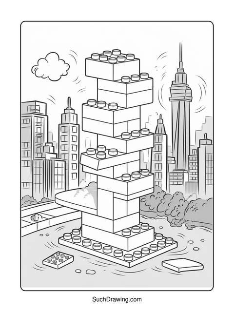 Line art of a lego tower with city buildings in the background