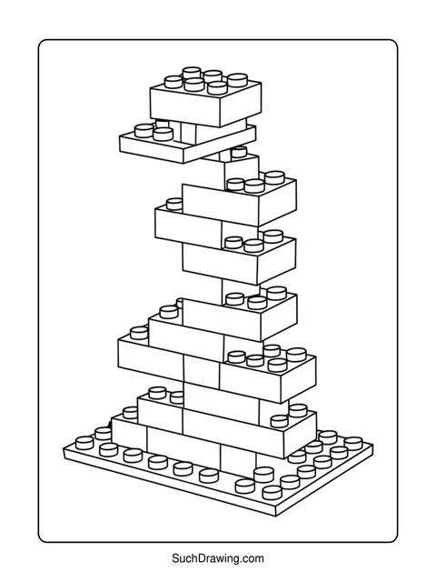 Line art of a tower made of interlocking toy building blocks