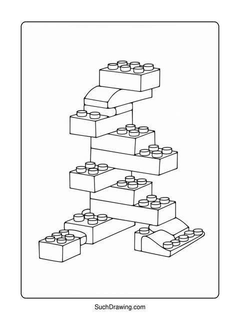 Black and white line drawing of a structure made of toy blocks