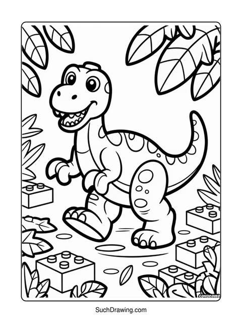 Black and white illustration of a smiling dinosaur with surrounding foliage and blocks
