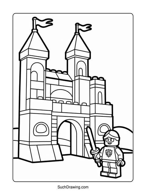 Black and white coloring page of a lego castle with a lego knight