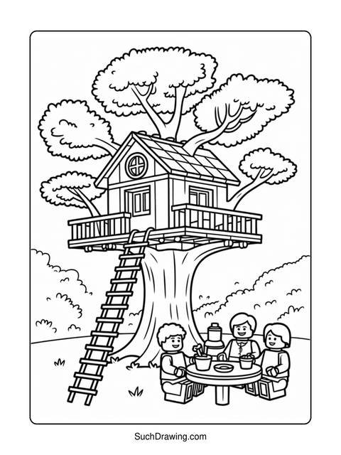 A treehouse with a ladder and three children sitting at a table