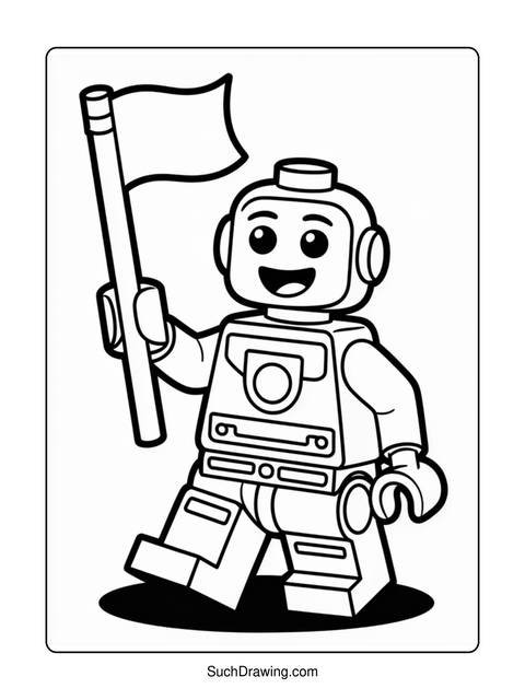A lego robot holding a flag, smiling, and standing on a black shadow