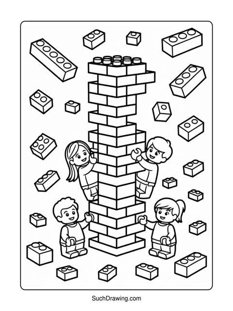Coloring page featuring children building a tower with toy blocks