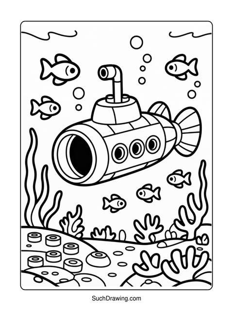 Black and white coloring page of a submarine with fish and underwater plants