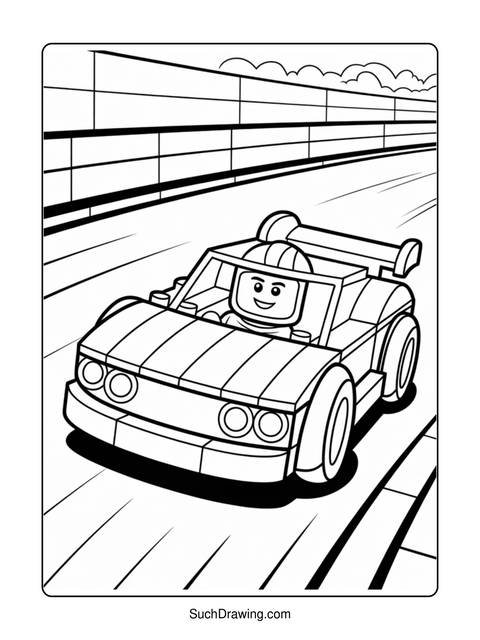 Black and white coloring page of a lego race car on a track