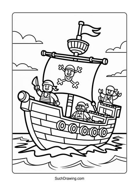 Black and white coloring page of a pirate ship with four pirates