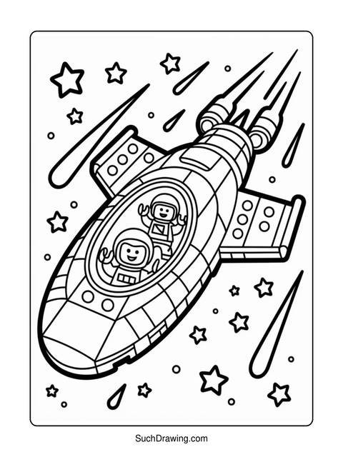 Black and white coloring page of a spaceship with two astronauts and stars