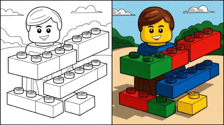 Lego coloring page: a person holding colorful lego bricks, ready to build